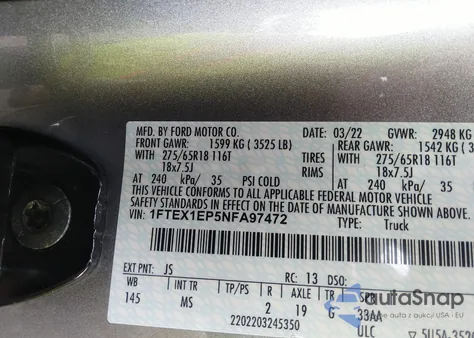 2022 Ford F-150 Xlt из США, поврежденный, VIN 1FTEX1EP5NFA97472